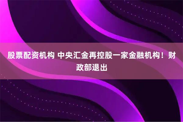 股票配资机构 中央汇金再控股一家金融机构！财政部退出